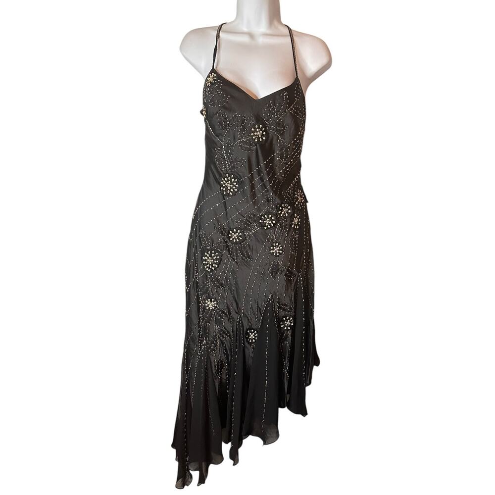 NWT Black Beaded Back Crisscross Straps Asymmetric Hem Whimsigoth Y2K Slip Dress